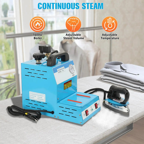 Heavy Duty Industrial Steam Iron Station With Pressurized Continuous Flow And Massive Four Liter Tank on ironing table with adjustable features.