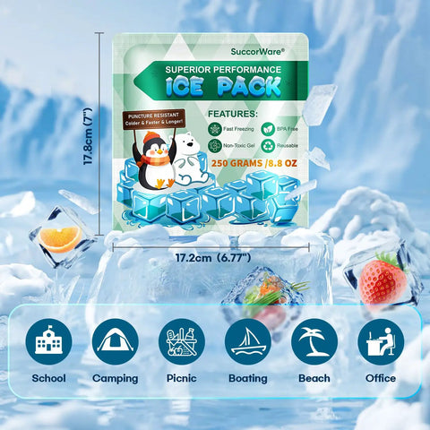 Five Pack Reusable Ice Packs For Lunch Boxes And Coolers, 12 Plus Hour Cooling Gel Packs dimensions and features displayed