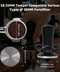 Heavyweight Black Fifty Eight Millimeter Espresso Tamper Locks Tight To Any Standard Portafilter with calibrated coffee grounds.