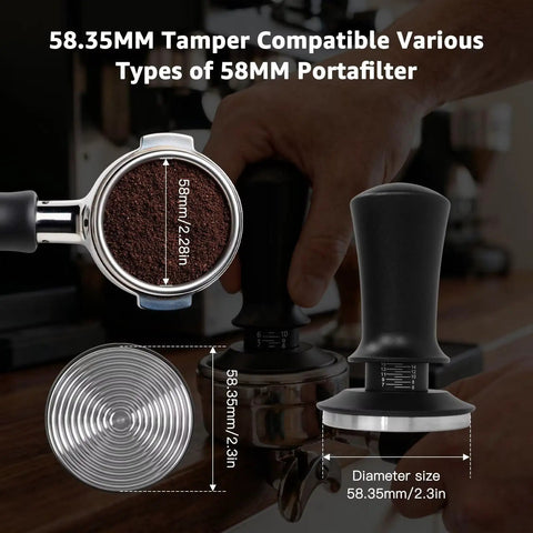 Heavyweight Black Fifty Eight Millimeter Espresso Tamper Locks Tight To Any Standard Portafilter with calibrated coffee grounds.