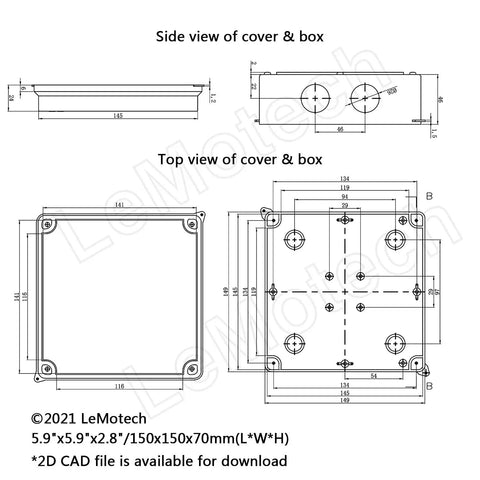 Rugged ABS Junction Box IP65 Waterproof Dustproof Enclosure, Universal Surface Mount Electrical Box White 5.9 x 5.9 x 2.8 Inches, CAD drawing