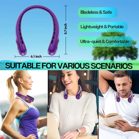 Purple Portable Neck Fan With Hands Free Wearable Design, Bladeless USB Rechargeable Personal Fan, suitable for multiple scenarios.