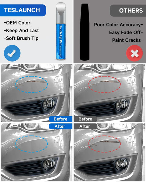 Comparison of Exact Match Touch Up Paint Pen For Chevy GMC Buick And Cadillac Ice with before and after car scratch repair results.