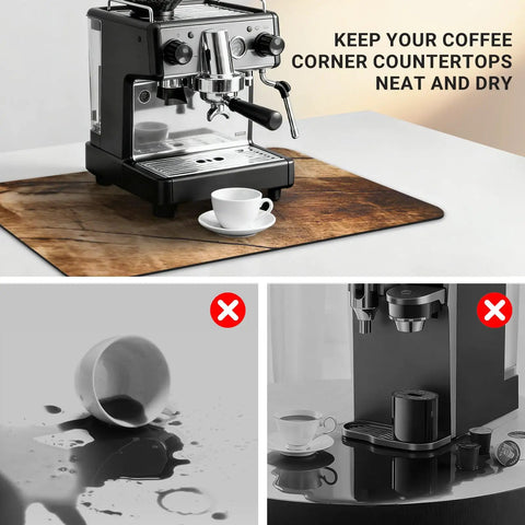 Wood Grain Coffee Counter Mat 20x12 Inch Absorbent Rubber Backed Bar Mat under coffee maker with cup nearby, preventing spills