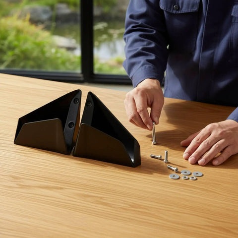 Person assembling outboard motor hydrofoil for 0 to 40 HP boats with dual small fins, built tough in PP material, on a wooden table.