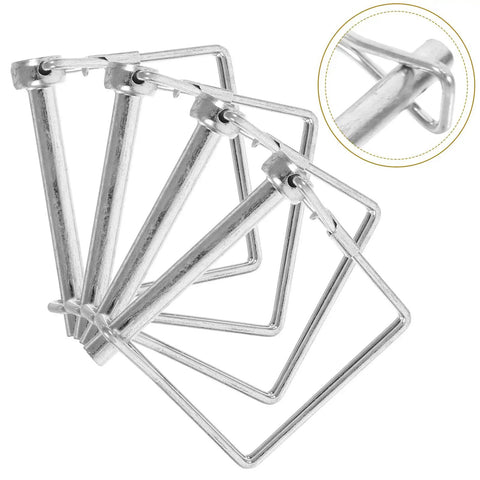 Heavy Duty 6 Pack Square Trailer Hitch Coupler Safety Pins With Lanyards Plus Locking Cotter Keys close-up of silver square pins.