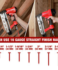 Pro Grade Pneumatic 16 Gauge Finish Nailer Kit With One Thousand Finish Nails Oil Free Design Depth Adjustment Dry Fire Lockout Straight Nail Gun For One And Quarter Inch To Two And Half Inch Nails in use on wooden structure with nail size details.