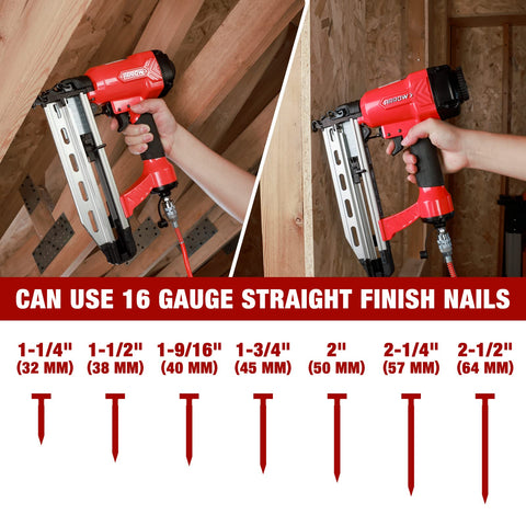 Pro Grade Pneumatic 16 Gauge Finish Nailer Kit With One Thousand Finish Nails Oil Free Design Depth Adjustment Dry Fire Lockout Straight Nail Gun For One And Quarter Inch To Two And Half Inch Nails in use on wooden structure with nail size details.