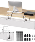Under Desk Cable Management Tray 36 Inch Cord Organizer For Desk No Drill Fabric Under Table Wire Organizer With 16 Cable Ties Hide Cables In Office Or Home Cord Hider Fits Adapters And Sockets White installed under desk showing cable ties and hooks.