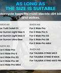 Chart showing compatibility of Frame Battery Bag For Electric Dirt Bikes And Ebikes Grab And Go Storage Pouch for various models