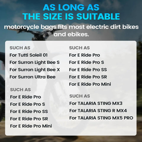 Chart showing compatibility of Frame Battery Bag For Electric Dirt Bikes And Ebikes Grab And Go Storage Pouch for various models