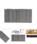 Metal Stamping Kit With 20 Pattern Punches Chisel Anvil Set, showing steel punches and handcrafted rings for jewelry making.