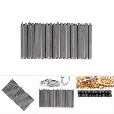 Metal Stamping Kit With 20 Pattern Punches Chisel Anvil Set, showing steel punches and handcrafted rings for jewelry making.