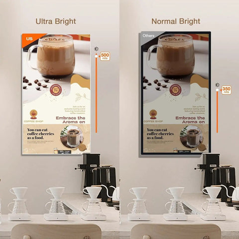 Heavy Duty 100 Inch Digital Signage Display Featuring Kickass 4K Resolution And Ultra Thin Zero Point Six Eight Bezel shown in ultra bright and normal bright settings.