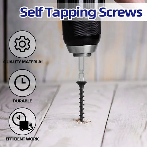 Pro Grade Eight X Four Inch Black Drywall Screws Built Solid With Coarse Threads And Phillips Bugle Heads For Smooth Self Tapping On Wood Studs Featuring Top Shelf Rust Resistant Carbon Steel 100 Piece Pack, close-up of self tapping screw.