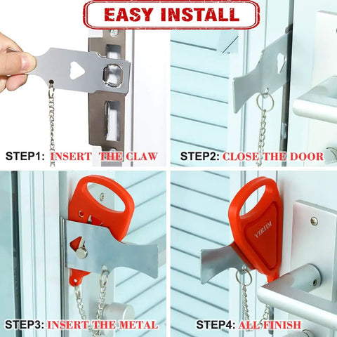Installation steps of Portable Travel Door Lock No Drill Install Easy To Use For Airbnb And Hotel Rooms Privacy And Extra Safety Solid Removable Door Jammer Latch For Home Apartment School Self Defense.