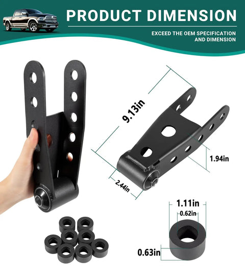 Two To Three Inch Rear Drop Suspension Shackles Kit For Chevy Silverado 1500 GMC Sierra 1500 Dodge Ram, hand holding shackle with spacers