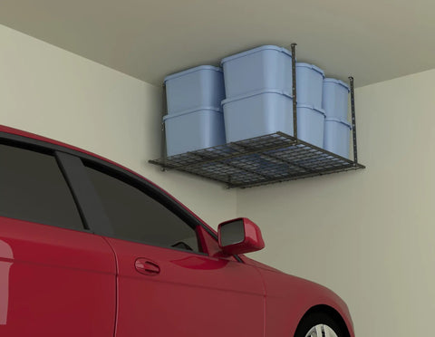 Go-To Overhead Garage Storage System Wall Shelves Bundle 2-Pack For Ceiling Storage With 30+ Cu Ft Capacity holding bins above a car