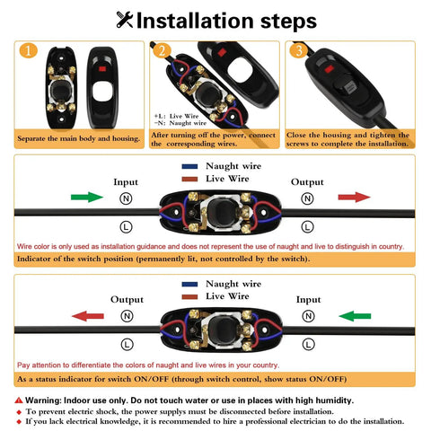 Two Pack Black Inline Lamp Switch With Neon Indicators For Night Visibility, Easy See On Off, Built Tough And High Quality Phenolic Plastic, 10A 250V, Durable Inline Switches For Lamps And Fixtures, Perfect For DIY Projects. installation wiring diagram