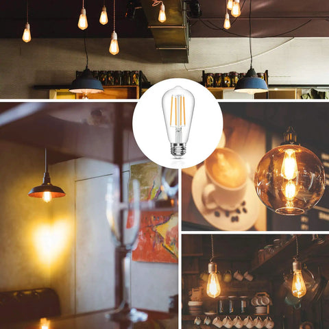 Retro Style LED Edison Bulbs 6W Equivalent 60W Soft White 2700K Non Dimmable Filament Light Bulbs E26 Base High CRI 95 Plus Eye Protection Clear Glass for Home Kitchen Save Energy Pack of 5 in various room settings