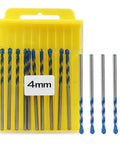 Front view of a yellow plastic case containing a 10-piece 4mm masonry drill-bit set with blue-coated bits
