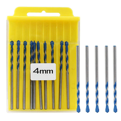 Front view of a yellow plastic case containing a 10-piece 4mm masonry drill-bit set with blue-coated bits
