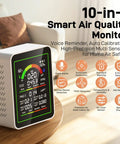 Level Up Your Breathing Game With This Sleek Indoor Air Quality Monitor Catching Co2 Formaldehyde Pm2 5 Pm10 Plus Daily Temp Humidity Readings For Smooth Home Comfort, displayed on wooden table.