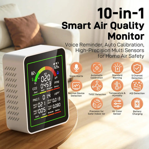 Level Up Your Breathing Game With This Sleek Indoor Air Quality Monitor Catching Co2 Formaldehyde Pm2 5 Pm10 Plus Daily Temp Humidity Readings For Smooth Home Comfort, displayed on wooden table.
