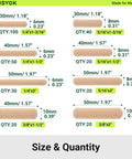 Size chart of Eight Size Wooden Dowel Set Contains Three Hundred Pcs Of Premium Hardwood Dowels For Woodworking DIY Crafts And Home Projects Includes One Quarter Inch Five Sixteenths Inch And Three Eighths Inch Fluted Pins In Multiple Lengths For Strong Joints On