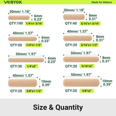 Size chart of Eight Size Wooden Dowel Set Contains Three Hundred Pcs Of Premium Hardwood Dowels For Woodworking DIY Crafts And Home Projects Includes One Quarter Inch Five Sixteenths Inch And Three Eighths Inch Fluted Pins In Multiple Lengths For Strong Joints On