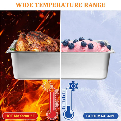 Four Pack Full Size 6 Inch Deep Steam Table Pans Stainless Steel Serving Trays, shown keeping chicken hot and ice cream cold.