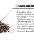 Compost Starter And Odor Reducer Pack That Converts Kitchen Scraps And Yard Waste Into Fertile Humus For All Composting Systems Stops Odors At The Source Includes Four Packets In One Easy No Fuss Package displayed with benefits list