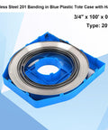 Heavy Duty 201 Stainless Steel Strapping Band 100 Foot Long 3/4 Inch Wide 0.03 Inch Thick 1700 Lbs Break Strength Rust Proof in blue case