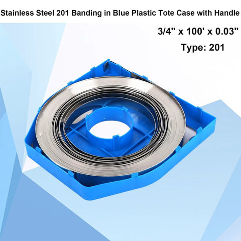 Heavy Duty 201 Stainless Steel Strapping Band 100 Foot Long 3/4 Inch Wide 0.03 Inch Thick 1700 Lbs Break Strength Rust Proof in blue case