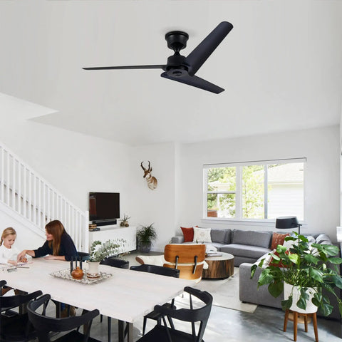 Neojoyoenix 52" 'Flush Mount & Rod ABS 3 Blades Ceiling Fan with Remote Control No Lights, black installed in modern living room.