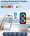 Bluetooth Party Speaker With Colorful Lights showcasing Bluetooth 5.3 connectivity with smartphone, 50 feet range indicated.