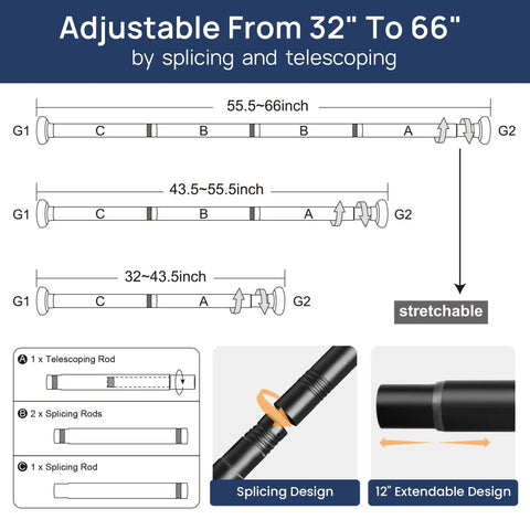 Diagram of 2 Pack Adjustable Spring Tension Curtain Rods 32 To 66 Inches Stainless Steel Matte Black No Drilling Easy Install