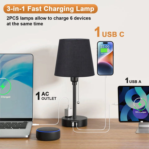 Set Of 2 Black Bedside Lamps For Bedrooms With Three Color Modes And USB C And USB A Ports Plus AC Outlet Tiny Nightstand Lamps