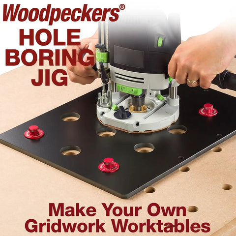Nailed Your Gridwork Projects With This Top ShelfUSA Made Woodworking Hole Boring Jig, shows a router in use on phenolic template.