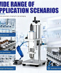 High Speed Pneumatic Vial Sealing Machine For Aluminum Glass Bottles Foot Pedal Tabletop Capper displaying in a lab setting.