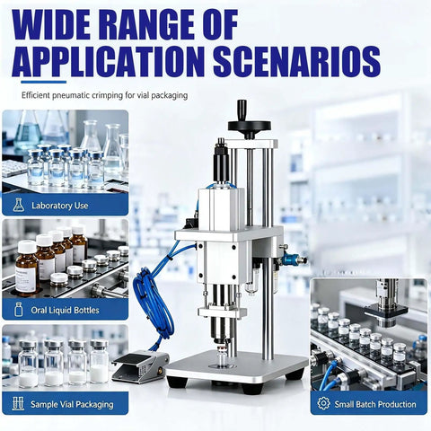 High Speed Pneumatic Vial Sealing Machine For Aluminum Glass Bottles Foot Pedal Tabletop Capper displaying in a lab setting.
