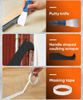 Image of Dripless Caulking Gun Kit With An 11 In 1 Tool Set featuring a putty knife, caulking scraper, and masking tape.