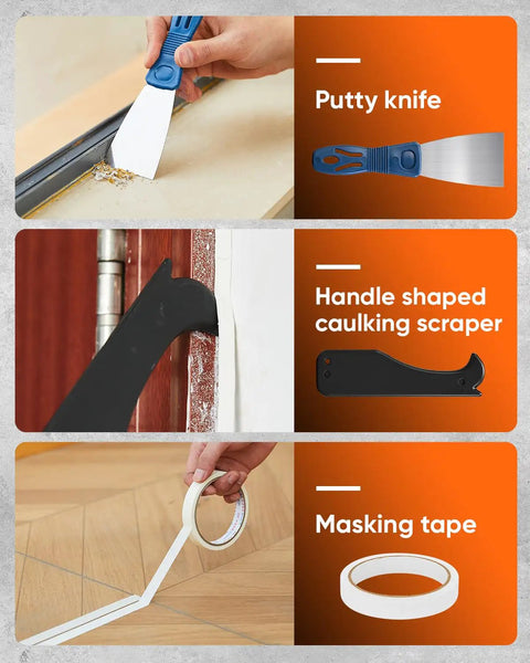Image of Dripless Caulking Gun Kit With An 11 In 1 Tool Set featuring a putty knife, caulking scraper, and masking tape.