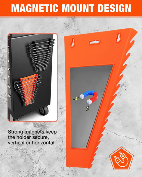 Two Pack Magnetic Wrench Organizer Rack With Strong Magnetic Backing 32 Slot Wrench Holder mounted vertically on metal surface
