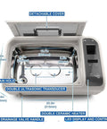 Top Shelf Ultrasonic Vinyl Cleaner Featuring Digital Controls And Stainless Steel Basin showing dimensions and features like drain hole and controls.