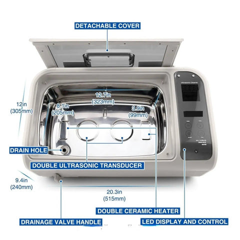 Top Shelf Ultrasonic Vinyl Cleaner Featuring Digital Controls And Stainless Steel Basin showing dimensions and features like drain hole and controls.