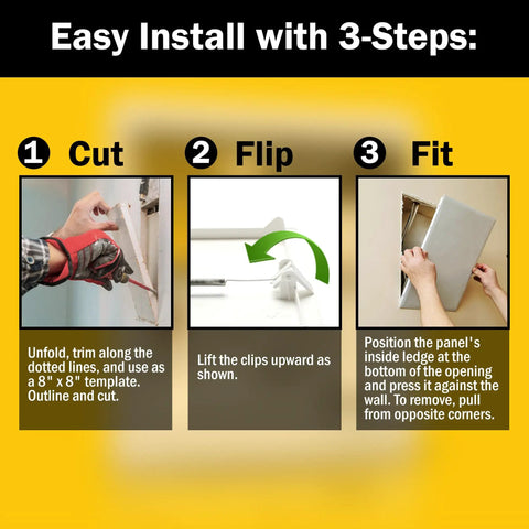 No Sweat 8X8 Inch Drywall Access Panel Tool Free Install Spring Loaded Wall Hole Cover for HVAC Plumbing and Wiring installation steps