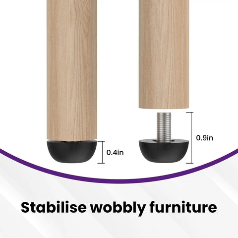 Close-up view of adjustable furniture leg with 304 stainless steel leveling foot, showcasing M8 x 1.25 screw and non-slip base.