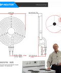 Diagram and man with Electric Range Burner Element Replacement Set MP22YA with stove, Top Heater branding top left.