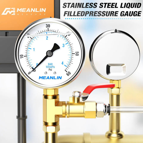 Stainless Steel Liquid Filled Pressure Gauge 2 1/2 Inch Dial 0-60 Psi Lower Mount 1/4 Inch NPT Pack of 2 With 1/2 Inch And 3/8 Inch NPT Hex Bushings For Pool Sand Filter Pressure Test For Pool Pros